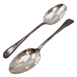Pair of early 20th century silver Old English pattern table spoons, with beaded rim, hallmarked Walker & Hall, Sheffield 1912