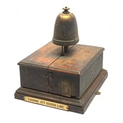  Railway signal box walnut cased block bell, unmarked but probably LNER, bears bone plaque 'Thorne Jct Goods Line', W26cm H29cm  