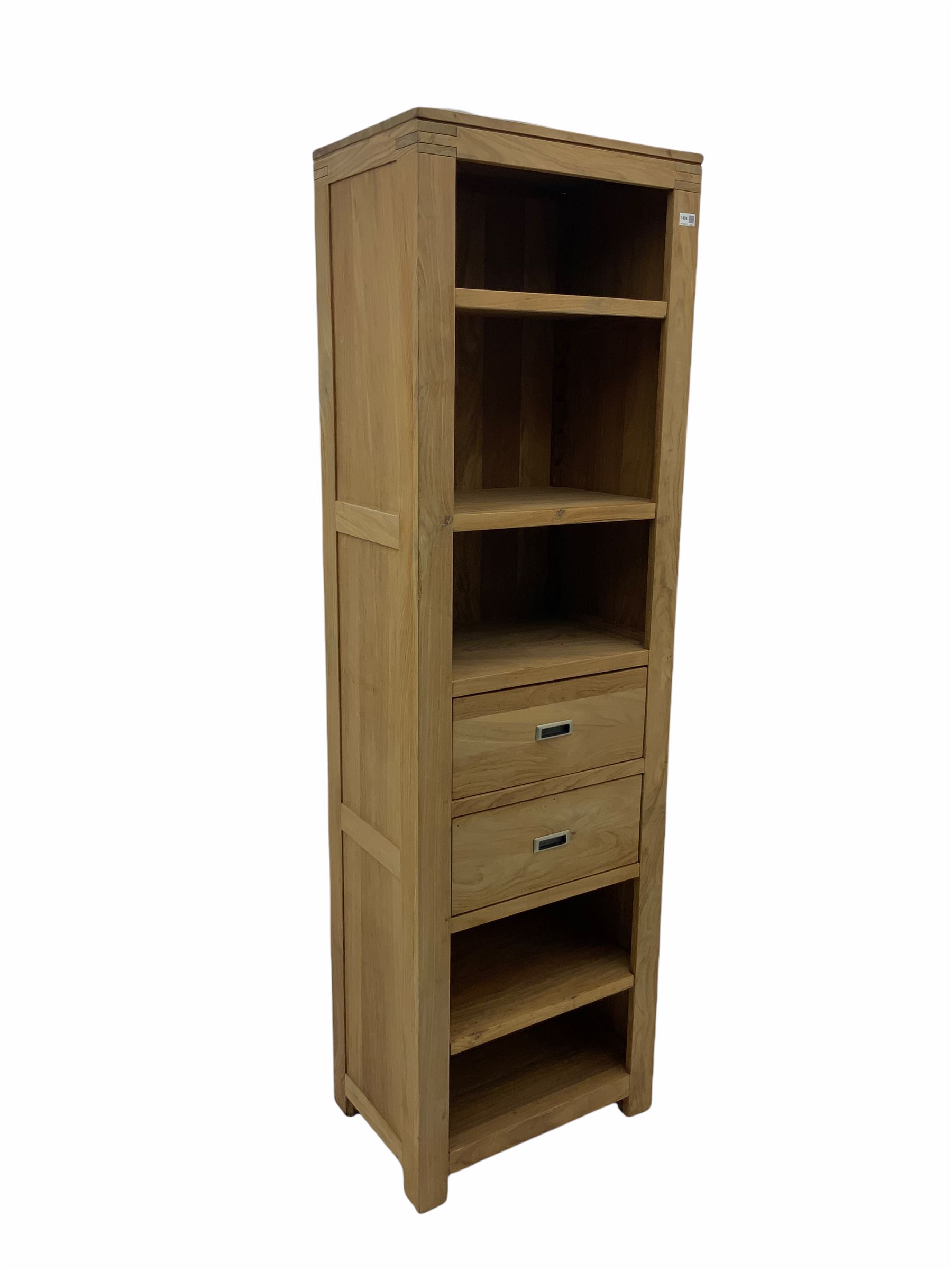 Hardwood narrow open bookcase, fitted with open shelves and two drawers