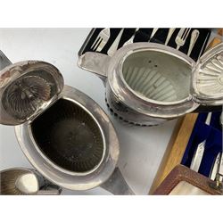 Silver mounted glass cruet set, Hallmark Walker & Hall, together with silver plate cased canteen, tea set etc