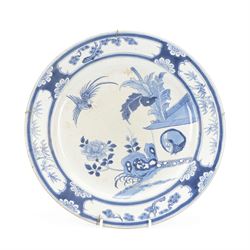 19th century Chinese blue and white charger, decorated with birds and flowers in a garden,...
