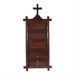 19th Century oak hymn board surmounted by carved cross pediment, H105cm