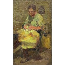 Attrib. Harold Knight (Staithes Group 1874-1961): Lady Knitting, oil on canvas signed with initials HK 18cm x 11cm