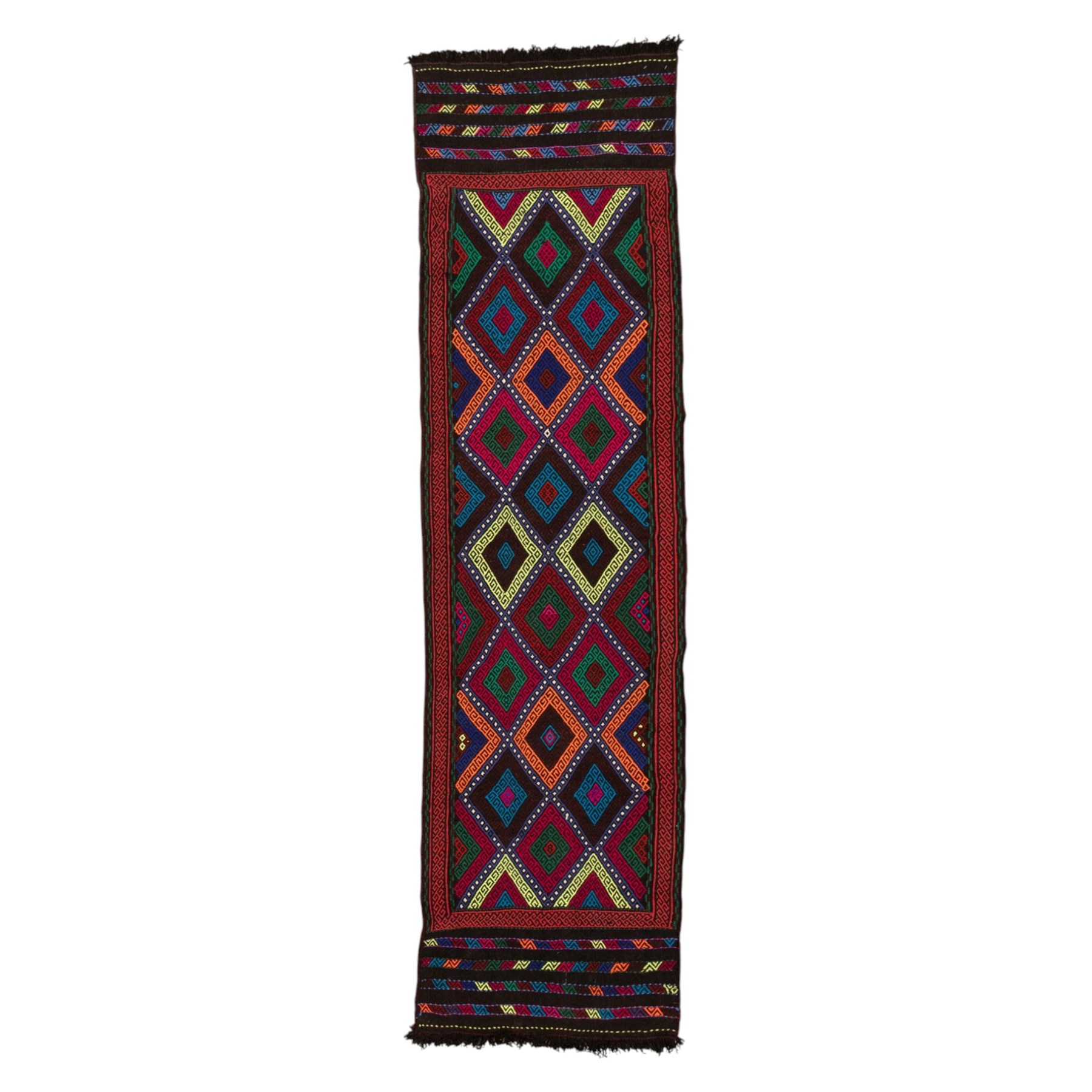 Afghan kilim runner rug, the field decorated with geometric patterned concentric lozenges in multicolours, the contrasting guard stripes with repeating chevron design
