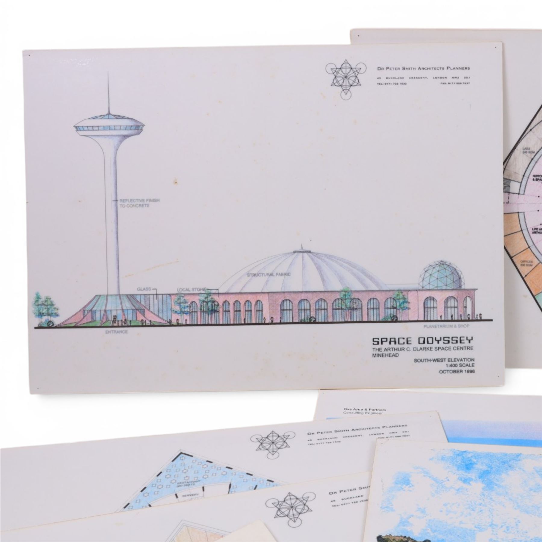 Collection of ephemera and original watercolour paintings relating to the creation of 'Space Odyssey: The Arthur C Clarke Space Centre, Minehead', including two original watercolour concept paintings of the exterior views of the centre painted by Margaret Stella Murray Whatley and architectural drawings by DR Peter Smith Architects & Planners

Notes: The centre was proposed in 2000 but was never built.This item is from the private collection of Arthur C. Clarke's brother.

