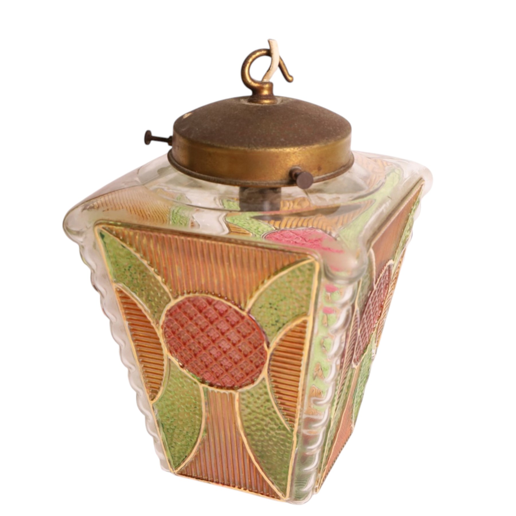Art Deco glass lantern, with four panels of coloured glass in shades of green and red, with brass fitting, H30cm 