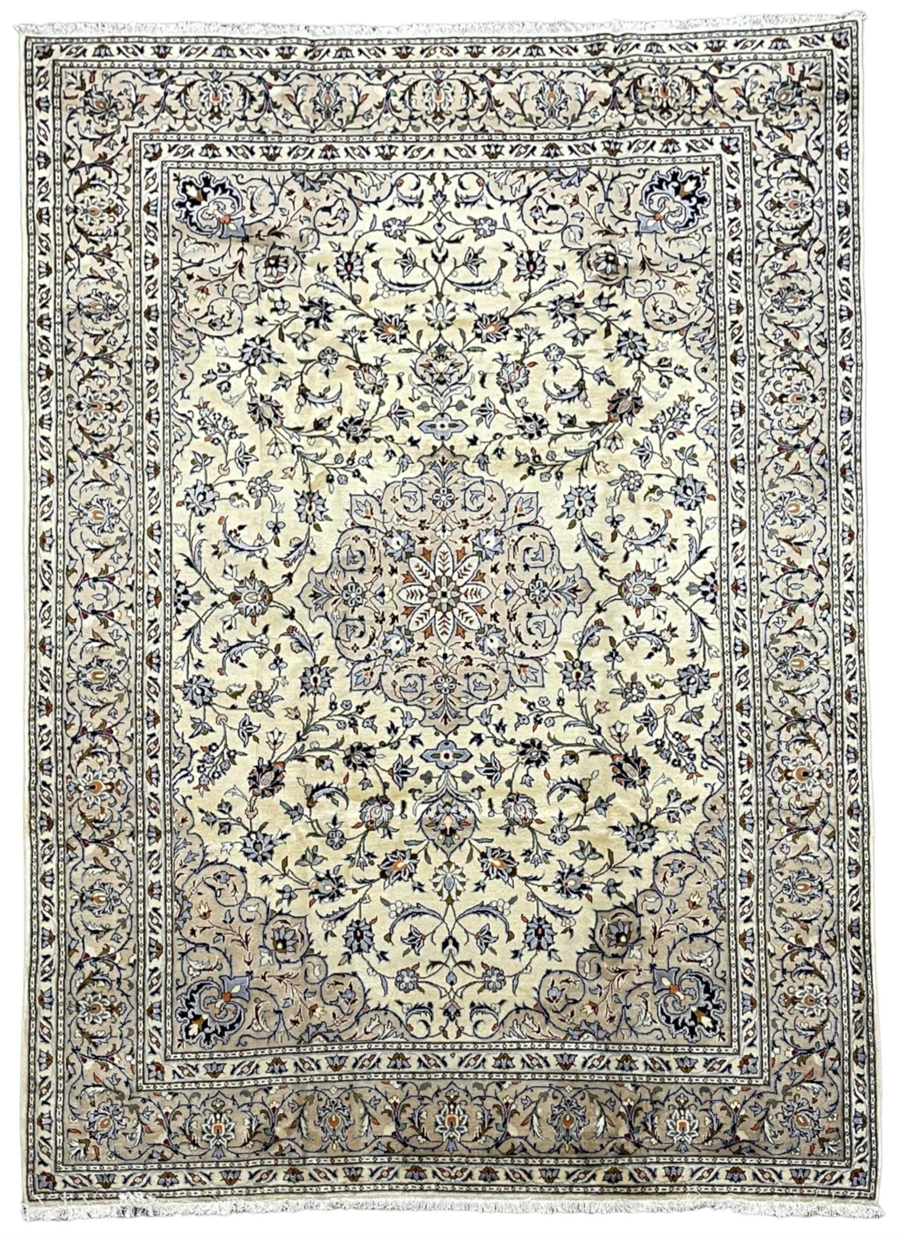 Persian Kashan ivory ground carpet, decorated all-over with interlacing foliate and stylised plant motifs, central scrolling medallion and matching spandrels, the guarded border decorated with repeating palmettes