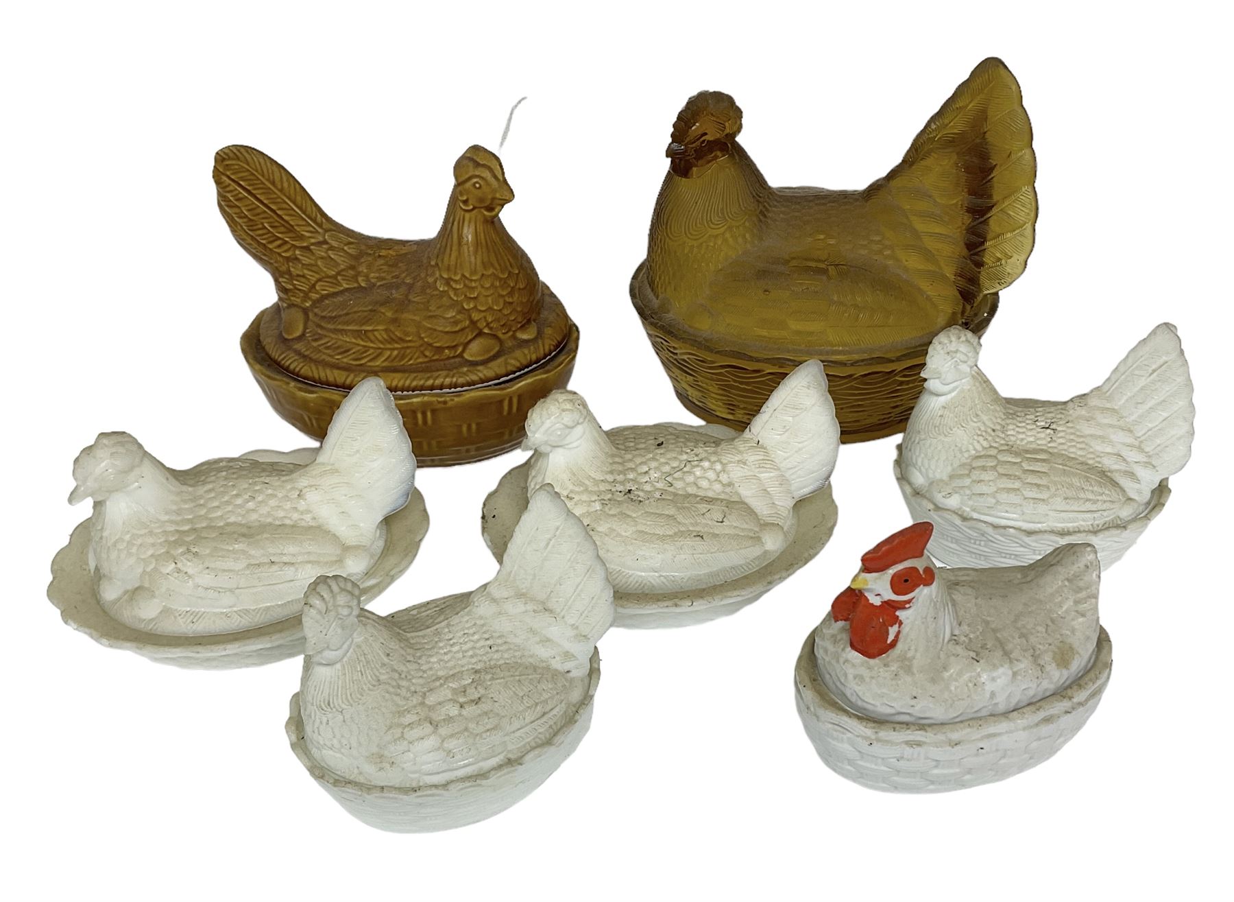 Seven Hen on Nests, to include milk glass examples, largest H22cm 