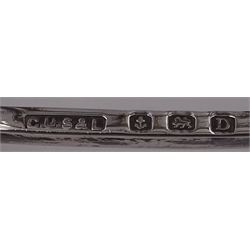 Pair of Art Deco silver five bar toast racks, each of graduating geometric form, with loop handle, upon four bun feet, hallmarked G Unite & Sons & Lyde Ltd, Birmingham 1928, H9cm