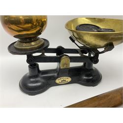 Set of Weylux Prince cast iron and brass weighing scales with weights, together with three copper and brass warming pans and other metal ware