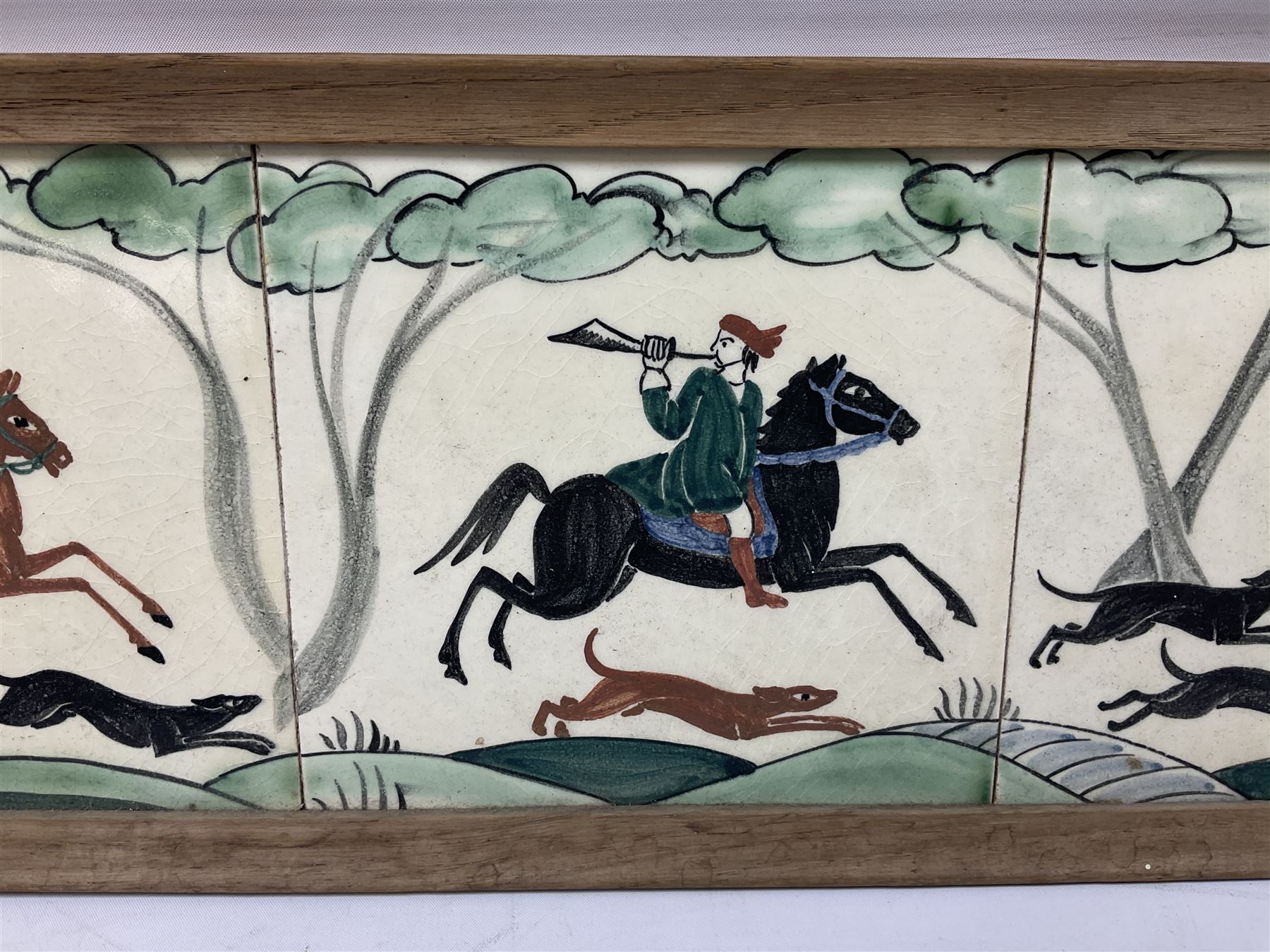 Packard and Ord tile tray hand painted with a hunting scene and a wooden frame, H17cm L48cm