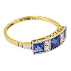 Art Deco 18ct gold milgrain set three stone French cut sapphire and four stone old cut diamond ring by R. Bros, stamped, total sapphire weight approx 1.00 carat