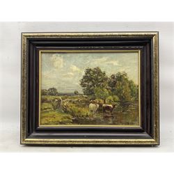 William Charles Estall (British 1857-1897): Cattle and River Landscape, oil on board signed with initials  25cm x 33cm 