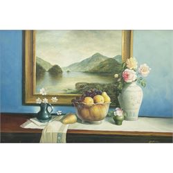Continental School (20th century): Still Life of Fruit Flowers and Picture, oil on canvas indistinctly signed 60cm x 90cm