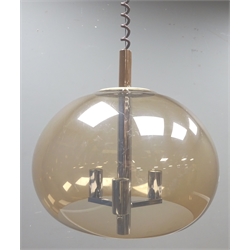  1970s rise and fall pendant light fitting, with three branch chrome stem & mushroom shaped coloured plastic shade, in the style of Raak, D35cm approx  