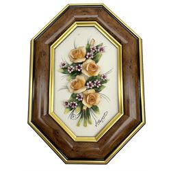 Set of three Capodimonte wall plaques, depicting floral decoration in octagonal frames with gilt edging, largest plaque H48, two small plaques H31cm.    