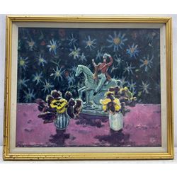 John Miller RSA PRSW (Scottish 1911-1975): 'Staffordshire Figure and Pansies', oil on canvas board signed 48cm x 59cm 
Provenance: with Christie's Scotland, 17th April 1991, Lot 119