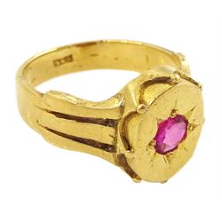 19th / early 20th century 21ct gold gypsy set, single stone round cut ruby ring, ruby approx 0.40 carat