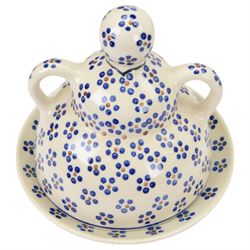 Collection of Ceramika Artystyczna Boleslawiec ceramics and similar Polish ceramics, including cheese dome in the form of a lady, chopping board, fruit bowl and figural candlestick