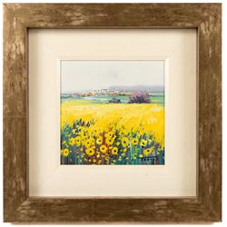 Miguel Torres (Spanish 1948-): Field of Sunflowers and Field of Blue Flowers, two oils on canvas signed 20.5cm x 20.5cm and 12.5cm x 28cm (2)