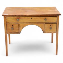 Early 19th-century mahogany kneehole desk with ebony stringing, rectangular top above an arrangement of one long and four short drawers, each with brass knob handles, raised on square tapered legs