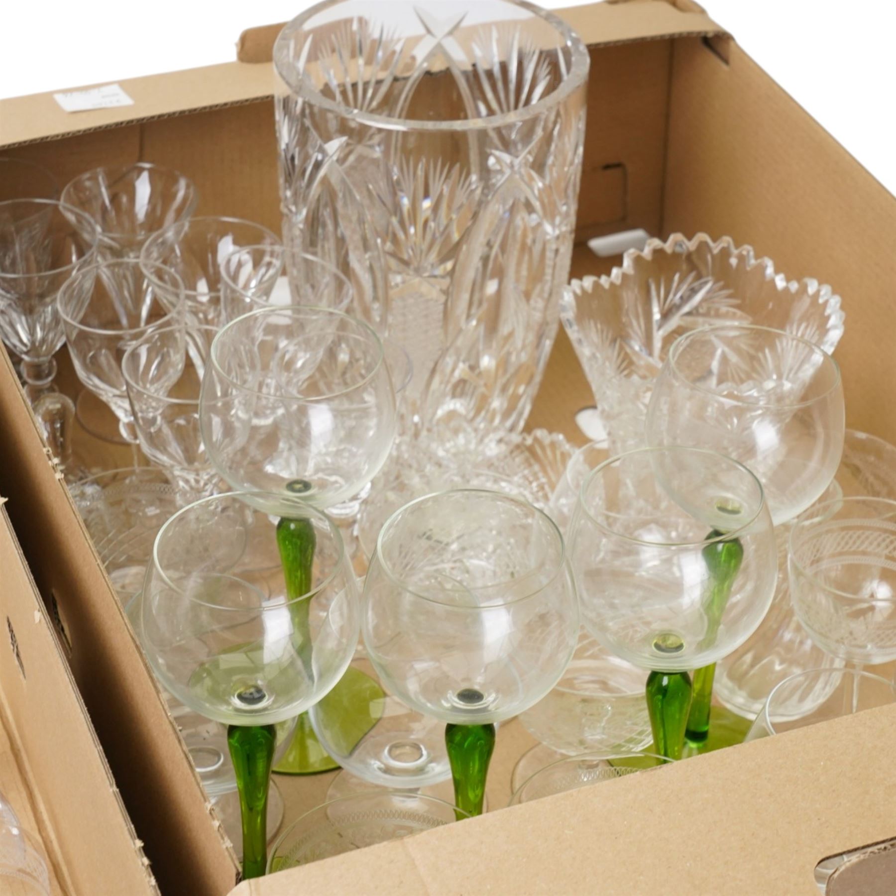 Collection of mixed crystal and glassware, to include a 19th century Scottish dram glass, green stem glasses, etc, in three boxes