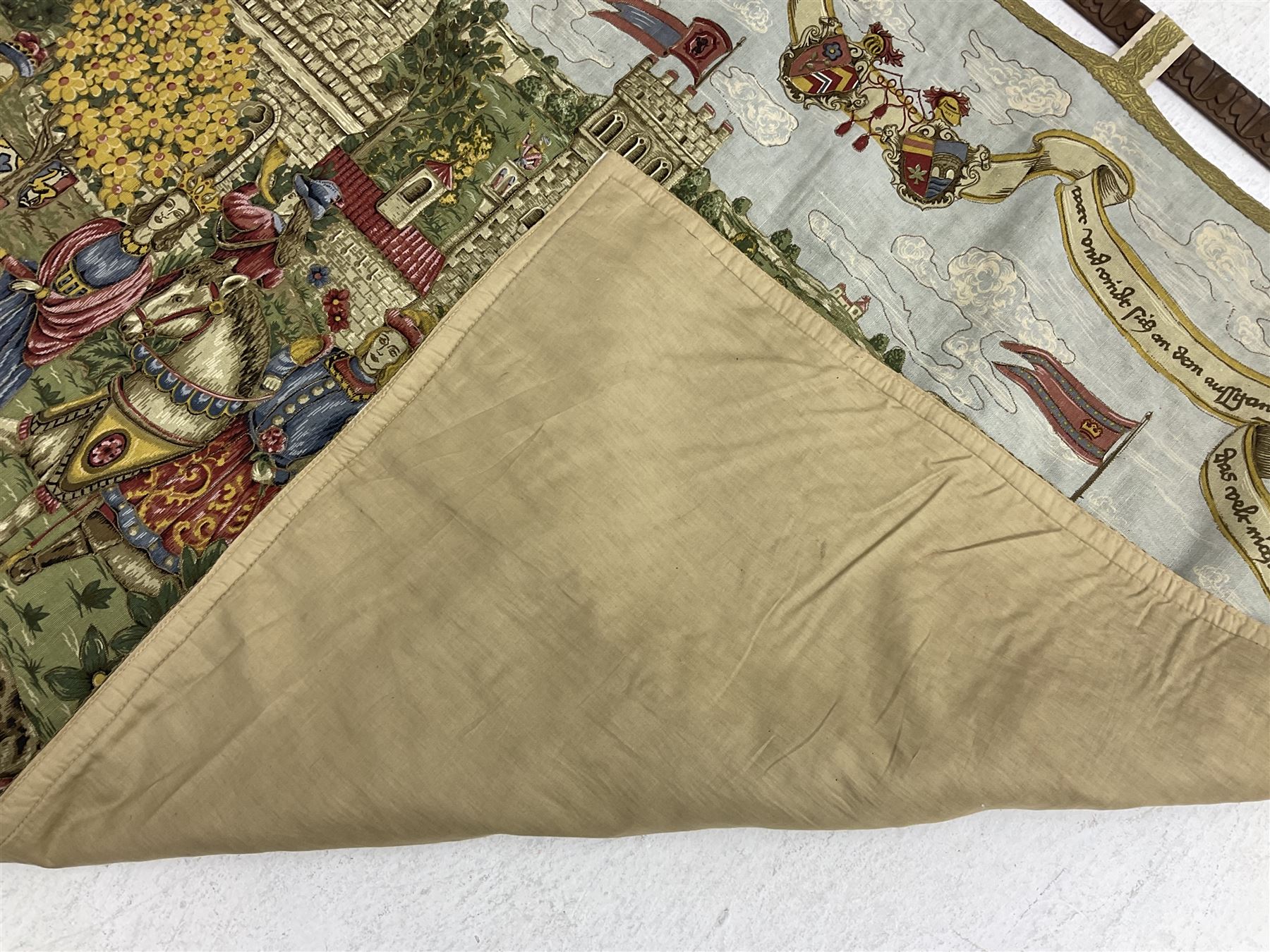 Medieval style German tapestry wall hanging suspended from carved oak pole depicting fairy-tale Rapunzel scene, H126cm W160cm approx 