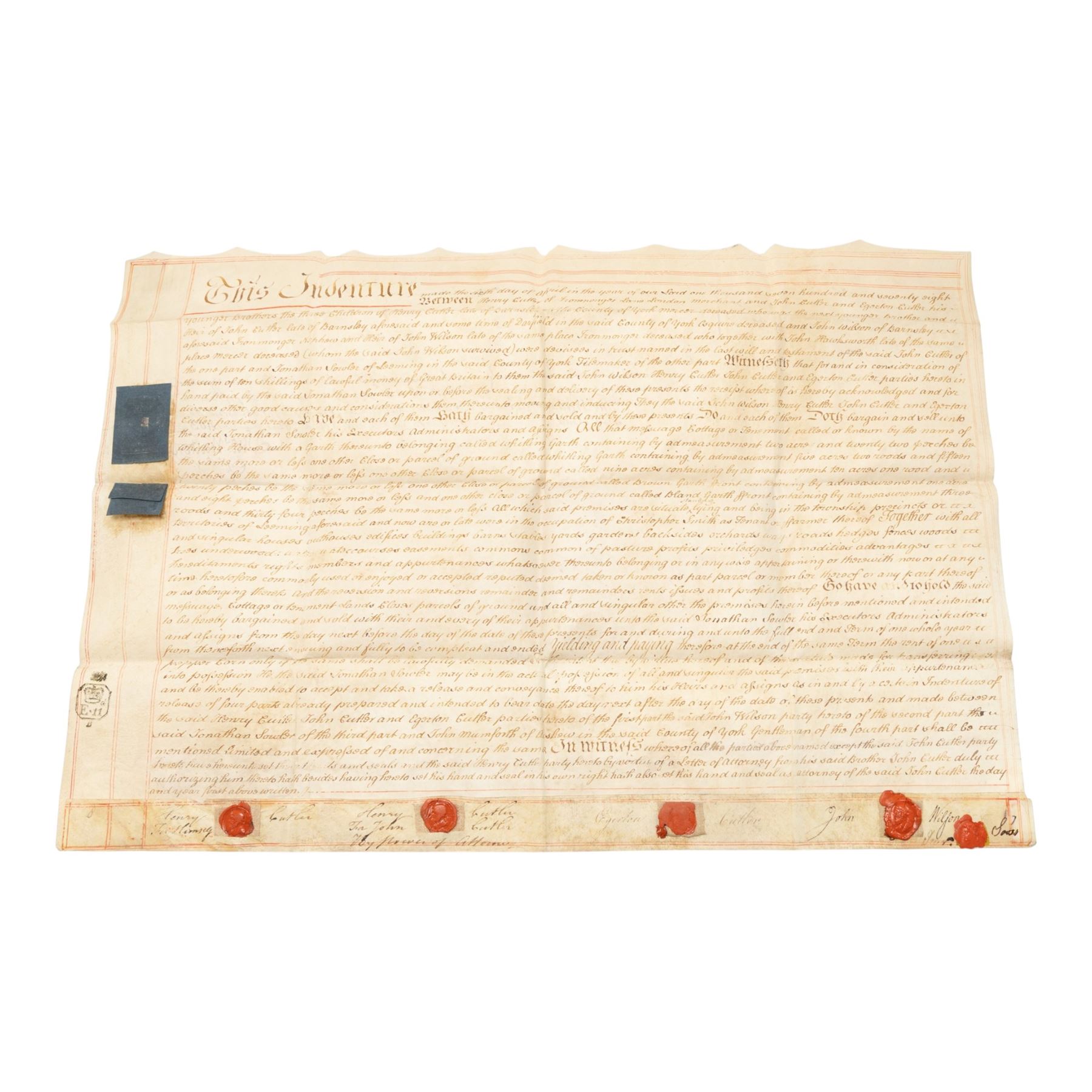 York suburbs interest - extensive collection of 18th century and later vellum indentures, wills, probate documents and property papers charting property ownership and local families in Acomb, Huntington, Earswick, Bishopthorpe, The Mount, Heworth, Heslington and other York suburbs and villages, including documents relating to tradespeople, innkeepers, farmers and householders, many retaining original wax seals, revenue stamps and probate seals, in one box