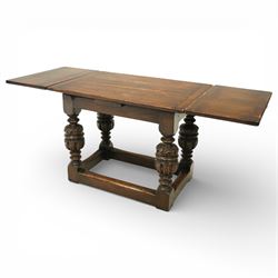 Miniature Elizabethan style oak draw-leaf table, rectangular top with two opposing draw leaves, raised on four bulbous turned supports united by peripheral stretchers
