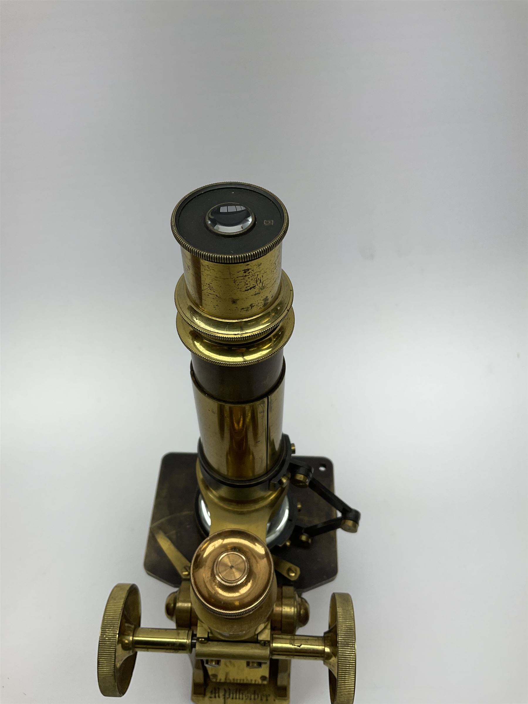 19th century lacquered brass monocular microscope by Moritz Pillischer No.1795 in fitted mahogany box with carrying handle and two additional lenses 