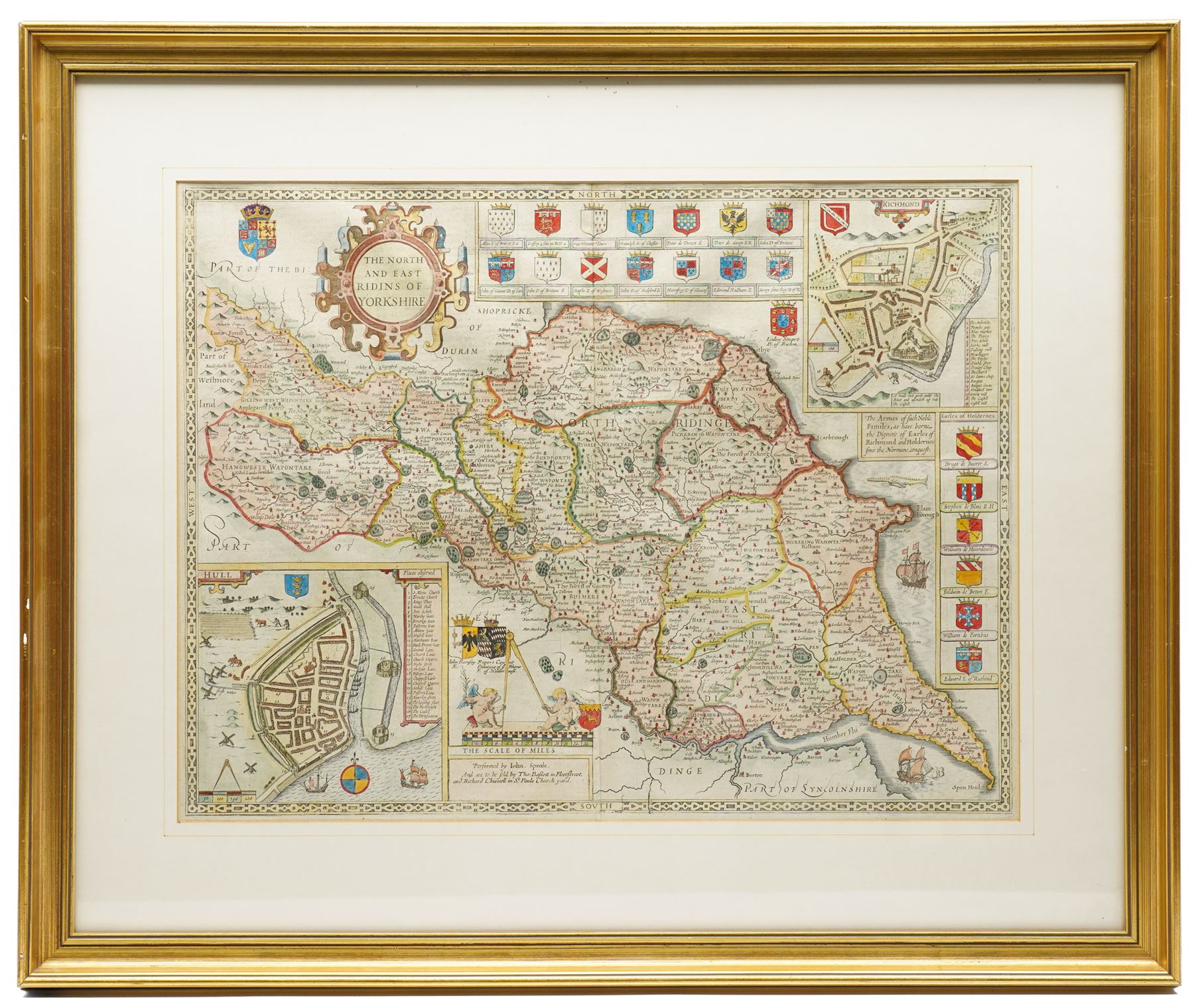 John Speed (British 1552-1629): 'The North and East Ridings of Yorkshire', 17th century engraved map with hand-colouring with inset plans of Richmond and Hull and numerous armorials, English text verso  pub. by Thomas Bassett and Richard Chiswell c.1676, 40cm x 52cm
