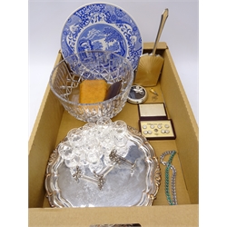  Spode Italian cake stand, large cut glass fruit bowl, silver & guilloche enamel dressing table mirror, silver leaf shaped brooch, two carving sets, cased set of mother-of-pearl and silver cufflinks & studs, costume jewellery, silver-plated salver etc   