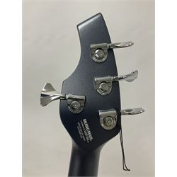 Music Man Bongo 4 string bass guitar, in sapphire black finish, serial no F42547, in black Music Man hard case, guitar L113cm