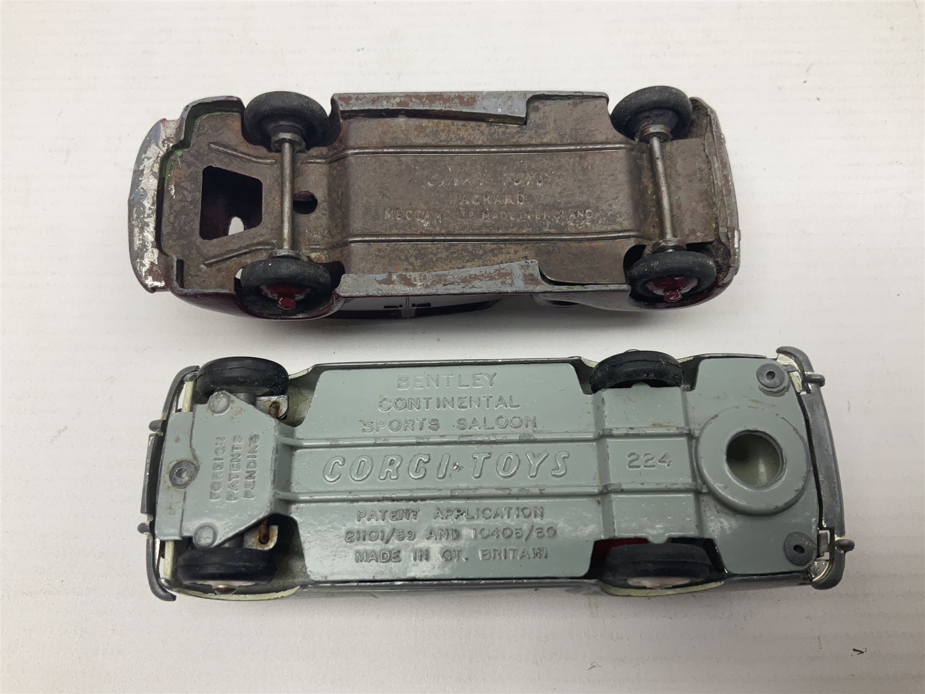 Eleven unboxed and playworn early die-cast models including Dinky Packard, Buick, two Jaguar Mark X and estate wagon, Corgi Mercedes-Benz 300S.L. Roadster, Ford Thunderbird, Citroen DS19 and Bentley Continental Sports Saloon, Spot-On Armstrong Siddeley Sapphire etc; all unboxed (11)