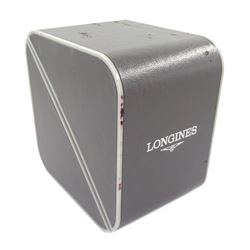 Longines Presence gentleman's gold-plated and stainless steel quartz wristwatch, champagne dial with baton hour markers and date aperture, on black leather strap, boxed