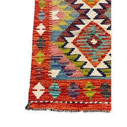 Chobi Kilim rug, multi-colour ground with orange border, overall geometric design 