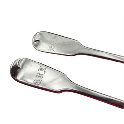 Seven silver Fiddle pattern forks with engraved initials to terminals, comprising set of five Victorian examples, hallmarked John Stone, Exeter 1845, a William IV example, hallmarked William Rawlings Sobey, Exeter 1836, and a Victorian example, hallmarked Samuel Hayne & Dudley Cater, London 1855, approximate weight 10.03 ozt (312 grams)