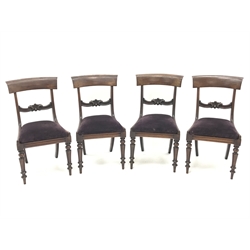  Four 19th century mahogany dining chairs, carved bar back, upholstered drop in seat, turned tapering supports, W47cm  