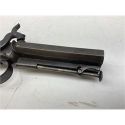 Early 19c percussion double barrel Howdah pistol by J. Blisset London, c1840s, approximately 50 calibre, 10.5cm octagonal monobloc barrels with captive swivel ramrod under, finely chequered walnut stock, engraved hammers, lock plates, tang and trigger guard, butt plate with hinged cap compartment, vacant white metal oval escutcheon L25.5cm overall