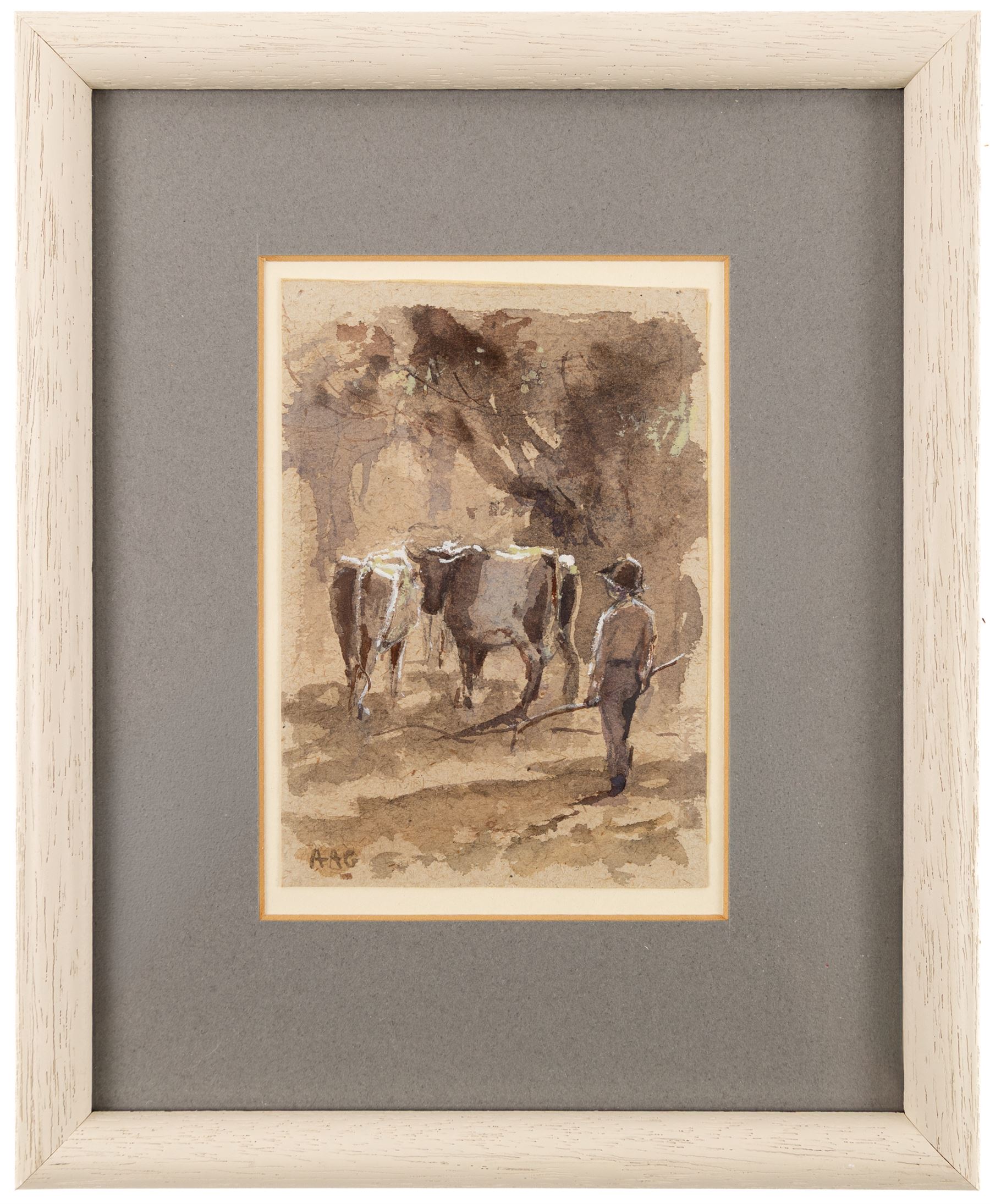 Albert Abram Gittleson (Scottish fl.1911-1940): Herded Cattle, watercolour heightened with white signed with initials 12.5cm x 9cm
Notes: Gittleson was a pupil of Owen Bowen (British 1873-1967).