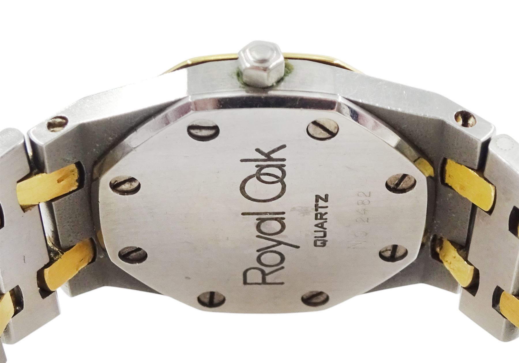 Audemars Piguet Royal Oak ladies stainless steel and gold quartz wristwatch, No. 2482, grey dial with baton hour markers, on integral stainless steel and gold bracelet, boxed