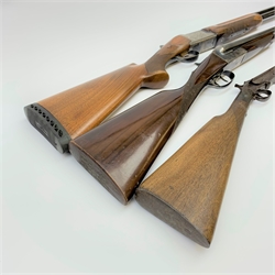 Miroku 12-bore box lock ejector over-and-under double barrel shotgun with walnut stock and 66cm barrels, No.2277306, L112cm overall; Sabel 12-bore box lock non-ejector side-by-side double barrel shotgun with 66cm barrels, No.62546, L108cm overall; Lambert Dumoulin folding .410 single barrel shotgun; and leather 12-bore cartridge belt (4) RFD ONLY