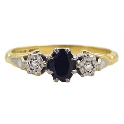 18ct gold oval sapphire and round brilliant cut diamond ring, London 1965