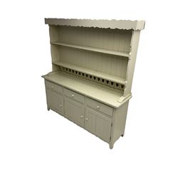 Late 20th century painted pine dresser, two heights plate rack over three drawers and three cupboards