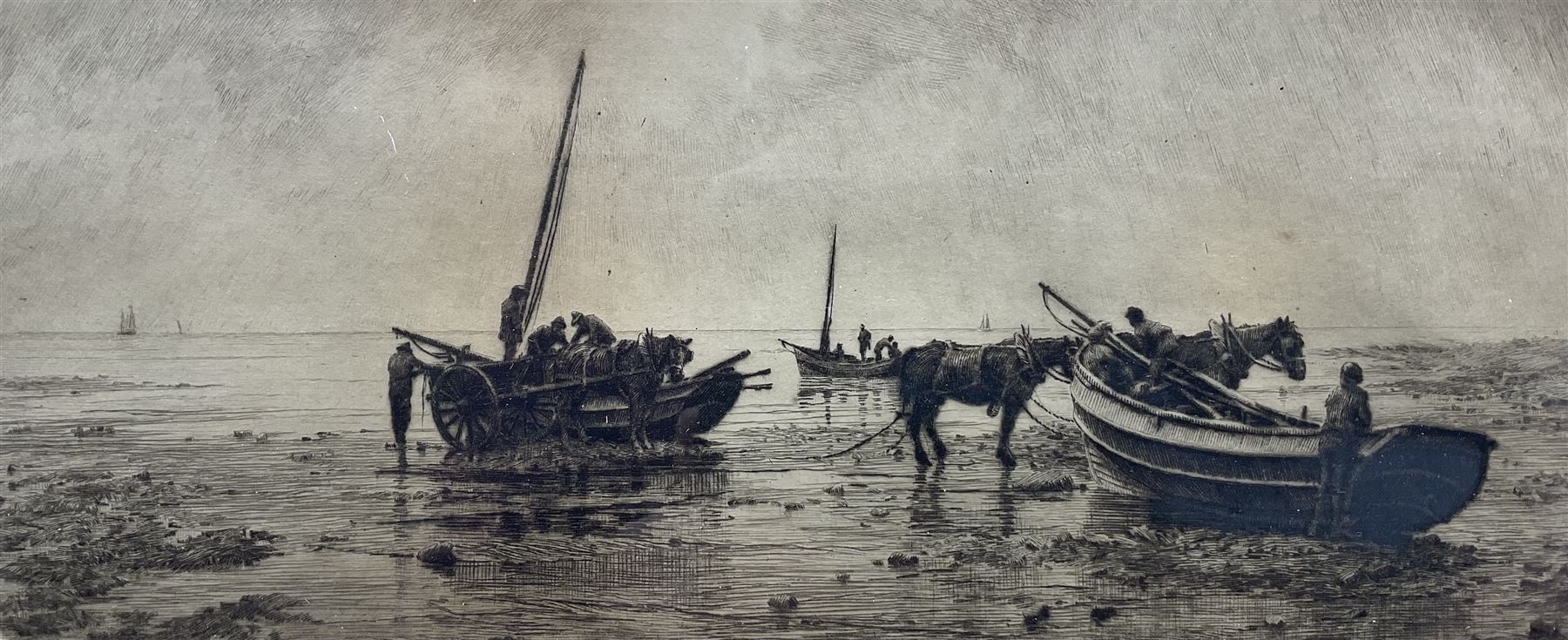 Thomas Barrett (Staithes Group 1845-1924): 'Pilchard Boats', drypoint etching signed in pencil 10cm x 26cm; together with a letter from the artist gifting the print to his student Mabel Annie Levy (1884-1967).