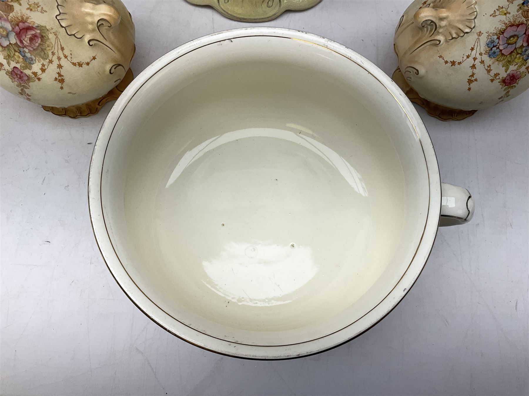 Fieldings Crown Devon Windsor pattern wash jug and bowl, together with two blush ivory ewers and other Victorian ceramics to include twin handled vase of flattened form and jug, tallest H36cm