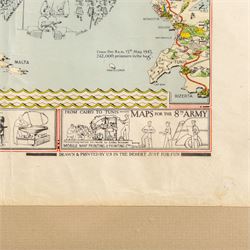 English School (Mid-20th century): 'Historical Record of the 46 Survey Company of the South African Engineer Corps - North African Campaign 1942-43', coloured pictorial map signed by Field Marshall Bernard Montgomery and Major General Frank Theron of the British Eighth Army in pen 47cm x 58cm
Notes: This commemorative map has no single cartographer; it was created collectively by the company to celebrate their military achievements during the campaign. The map reads 'drawn and printed by us in the desert just for fun' at the lower right corner.