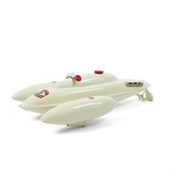 Sutcliffe Models tinplate clockwork 'Bluebird' speedboat, in red and cream livery with metallic gold details and applied decals, with key, boxed