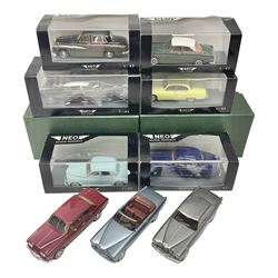 Nine Neo Scale Models 1:43 scale die-cast models including Daimler Majestic major, S&S Landau Hearse, Lagonda 3-litre 1955, Rover P4 Seventy-five, Jaguar 420Rover P5b Coupe etc; some boxed (9)