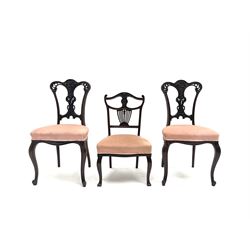 Two late Victorian mahogany chairs, moulded and shaped splat, upholstered seat, cabriole supports, together with single smaller chair in matching upholstered 